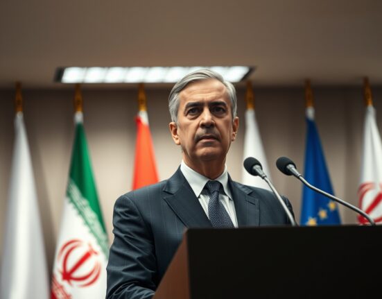 Iranian official rejecting ceasefire negotiations at diplomatic press conference