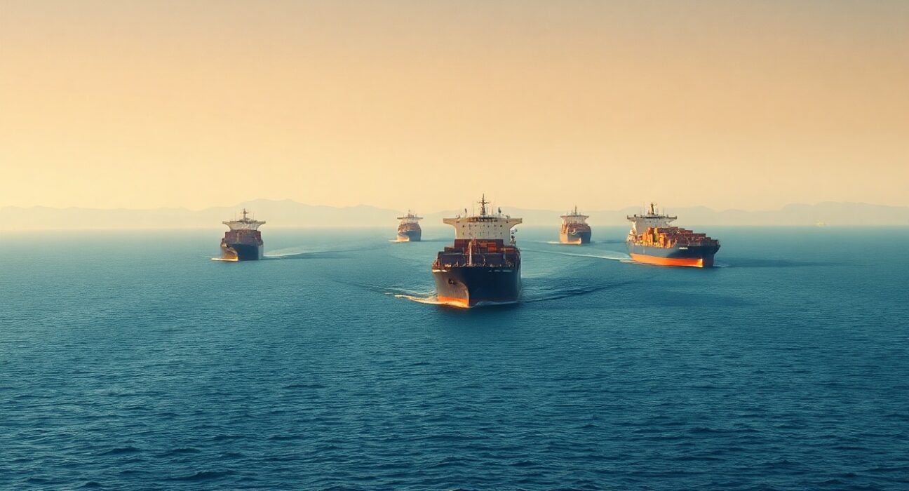 Commercial ships navigating the Strait of Hormuz at sunset, highlighting the strategic waterway's importance to global oil trade.