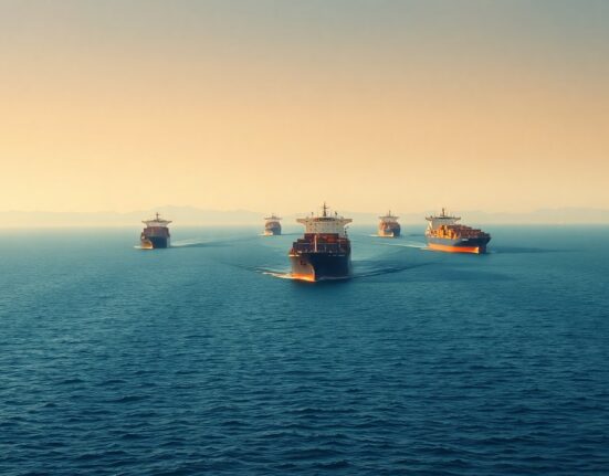 Commercial ships navigating the Strait of Hormuz at sunset, highlighting the strategic waterway's importance to global oil trade.