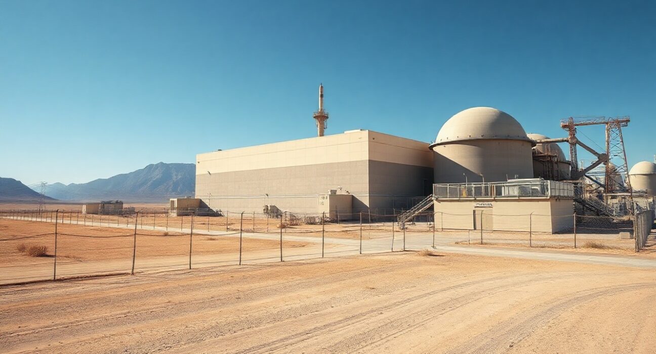 Exterior view of an Iranian nuclear facility in a desert landscape under clear sky