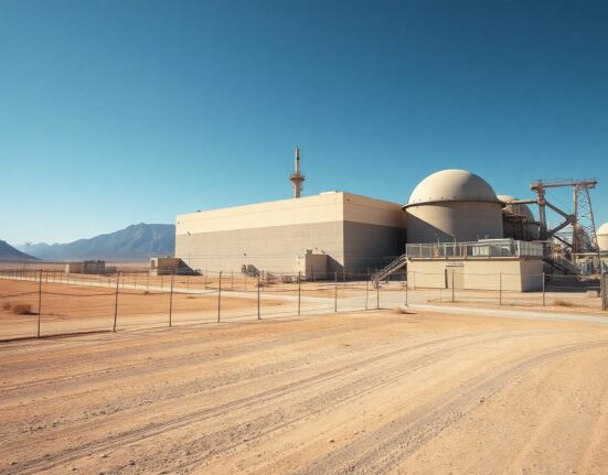 Exterior view of an Iranian nuclear facility in a desert landscape under clear sky