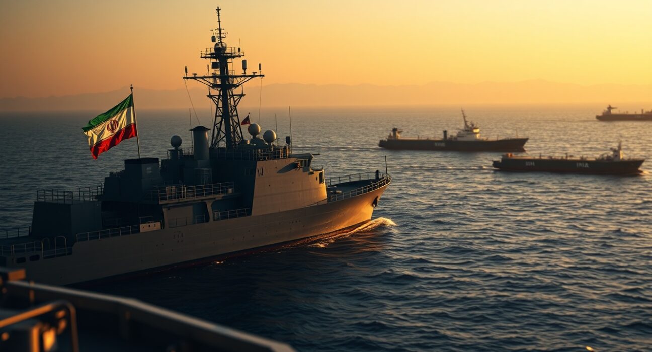 Iranian naval vessel patrolling the Strait of Hormuz, illustrating Tehran's rejection of Oman's joint management proposal