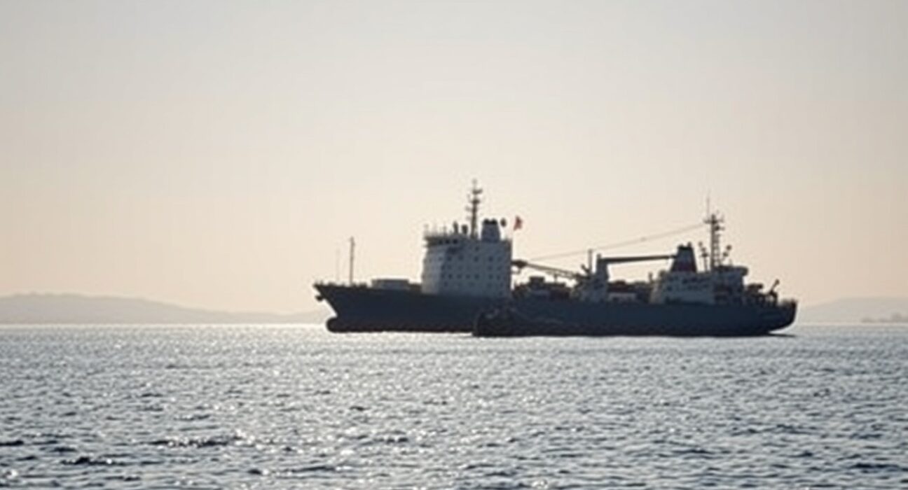 View of the Strait of Hormuz with cargo and military vessels under a cloudy sky