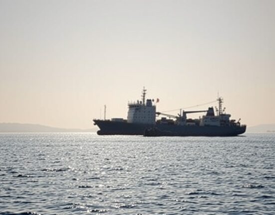 View of the Strait of Hormuz with cargo and military vessels under a cloudy sky