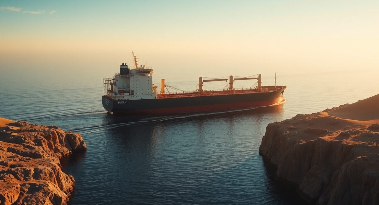 Oil tanker navigating the Strait of Hormuz at sunrise with Iranian coastline visible
