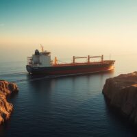 Oil tanker navigating the Strait of Hormuz at sunrise with Iranian coastline visible