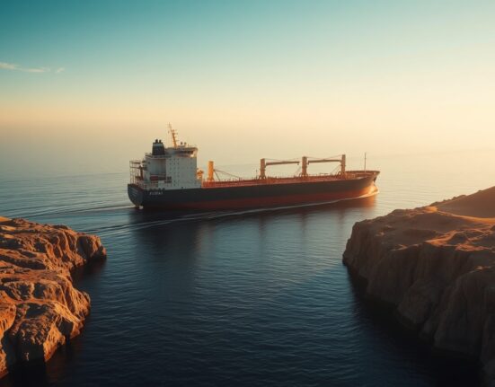 Oil tanker navigating the Strait of Hormuz at sunrise with Iranian coastline visible