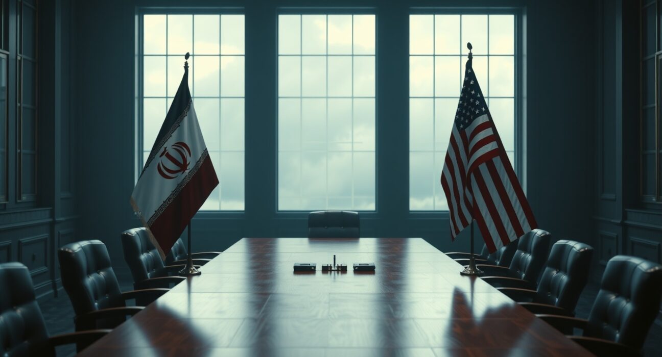 Diplomatic negotiation scene with Iranian and US flags on a conference table in a government meeting room