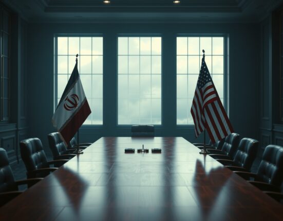 Diplomatic negotiation scene with Iranian and US flags on a conference table in a government meeting room