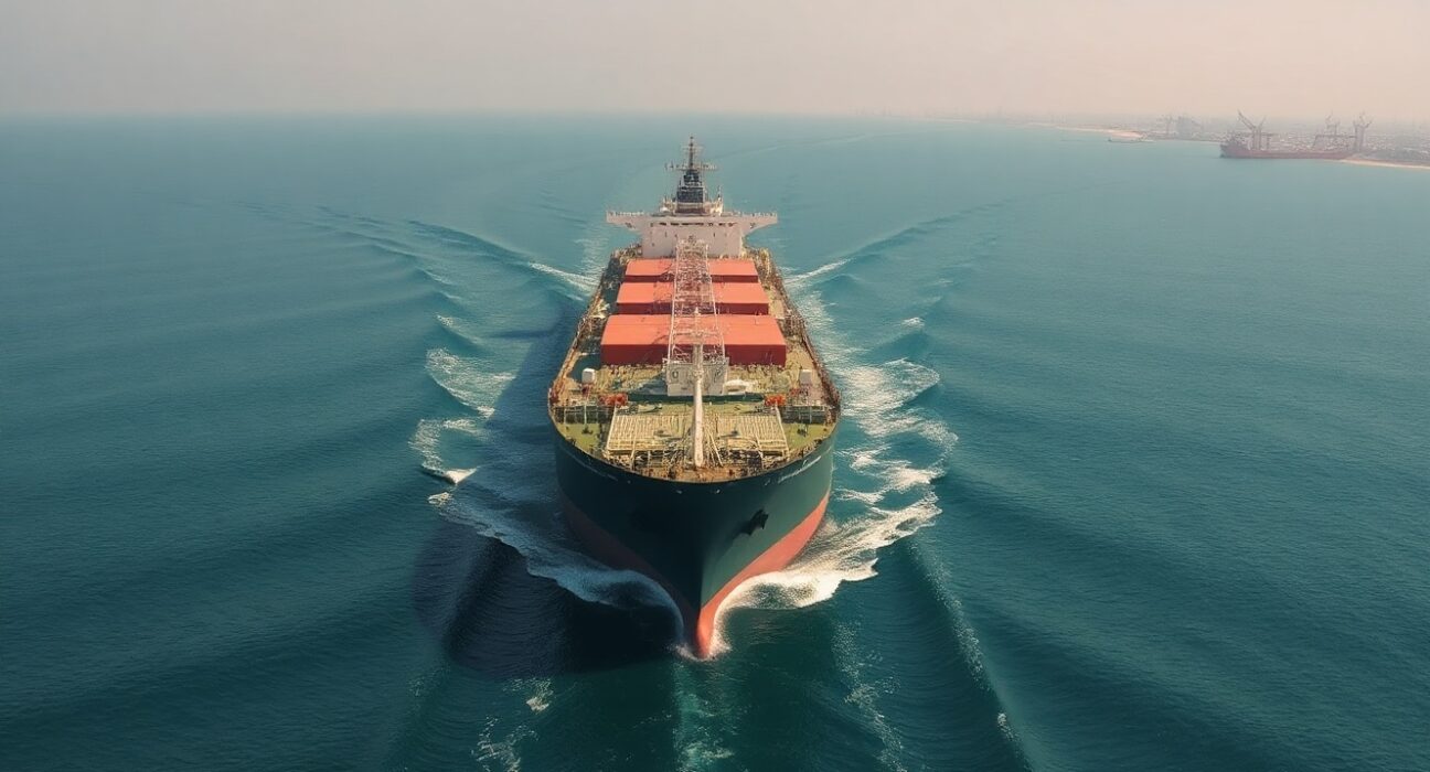Oil tanker navigating the Strait of Hormuz with Iranian coastline in background