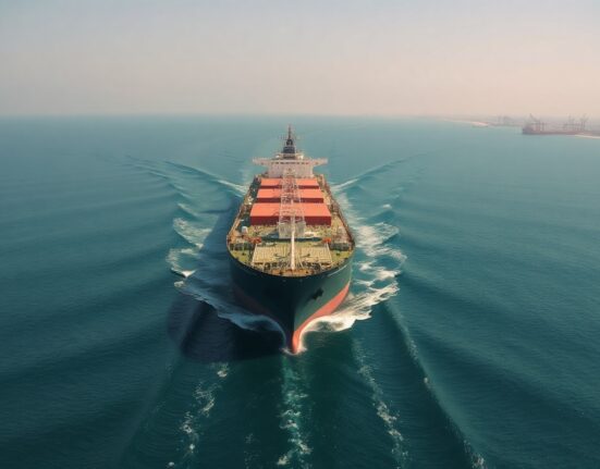 Oil tanker navigating the Strait of Hormuz with Iranian coastline in background