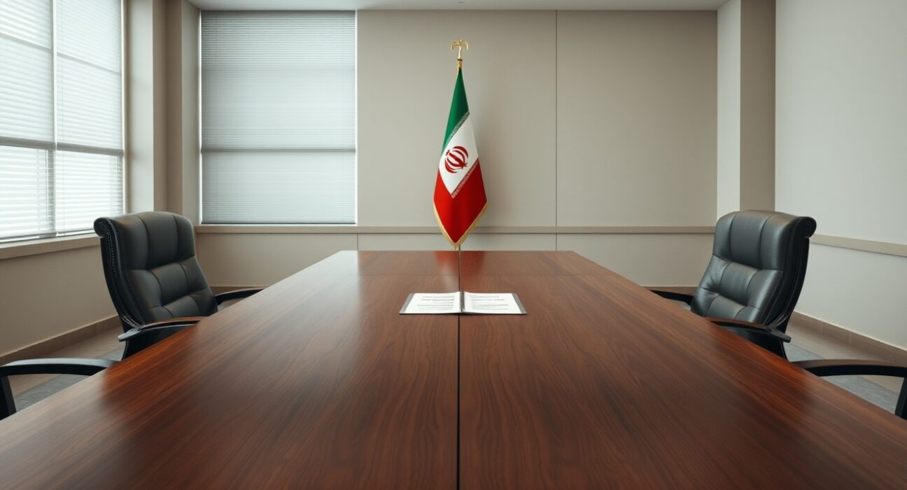 Empty negotiation chairs symbolize Iran's rejection of temporary truce deal with United States.