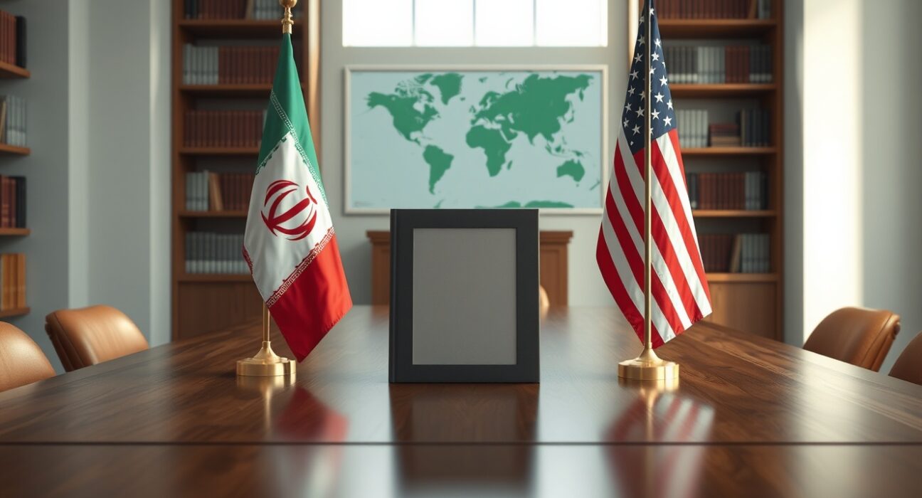 Iran and US flags with a diplomatic document representing the 15-point peace proposal negotiations.