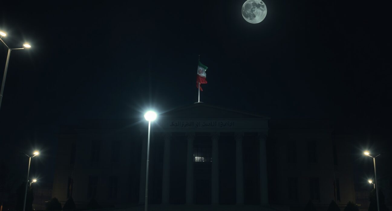 Iranian government building illuminated at night, reflecting geopolitical tension after US airstrikes