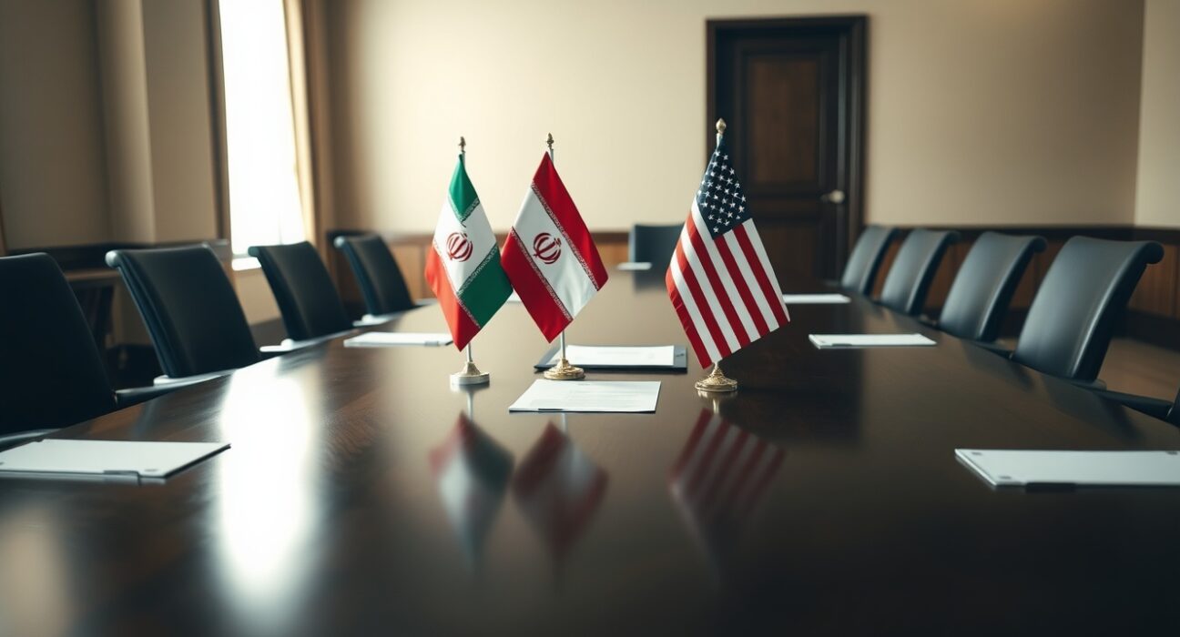 Diplomatic meeting table with flags of Iran and the United States and documents