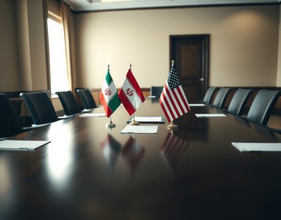 Diplomatic meeting table with flags of Iran and the United States and documents