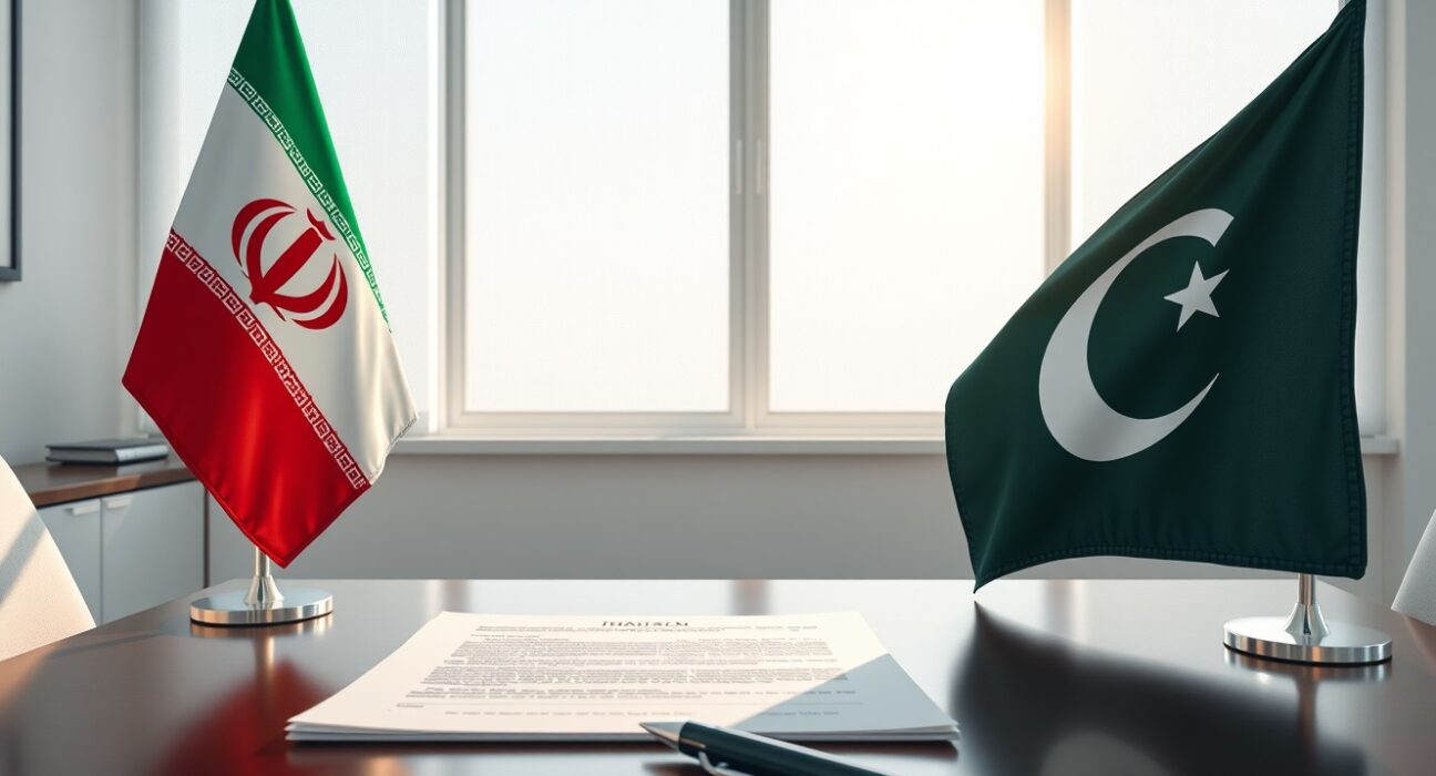 Iranian and Pakistani flags in a diplomatic setting with a document, representing Iran's review of a US proposal.