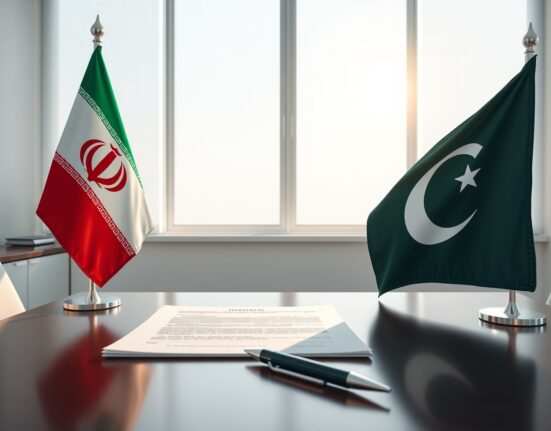 Iranian and Pakistani flags in a diplomatic setting with a document, representing Iran's review of a US proposal.