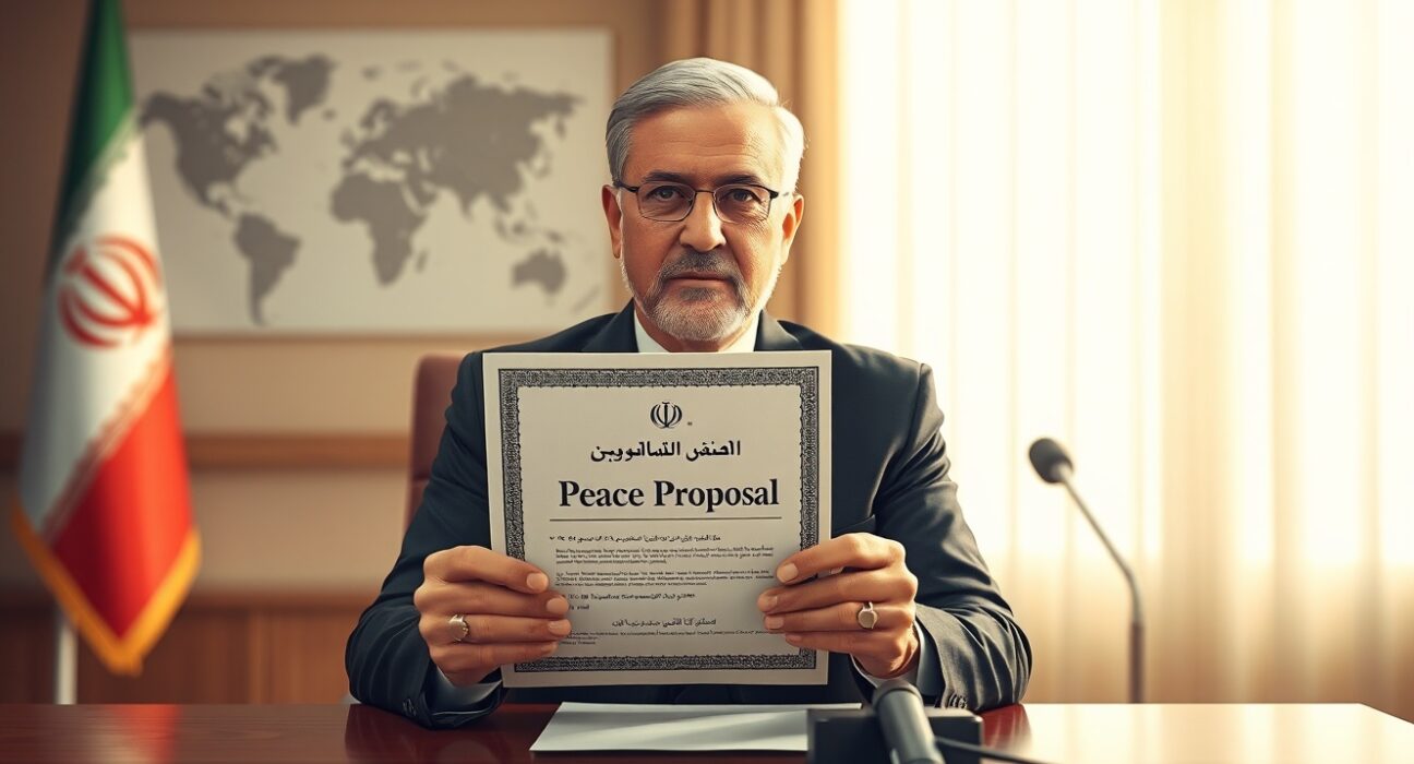 Iranian diplomat holding a revised peace plan document in a formal meeting room, representing the Iran expected to submit revised peace plan soon news.
