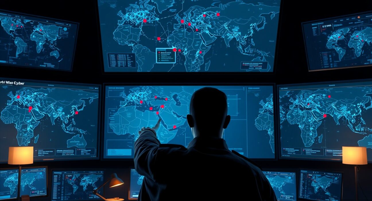 Iran Revolutionary Guard cyber warfare command center analyzing Middle East tech infrastructure targets