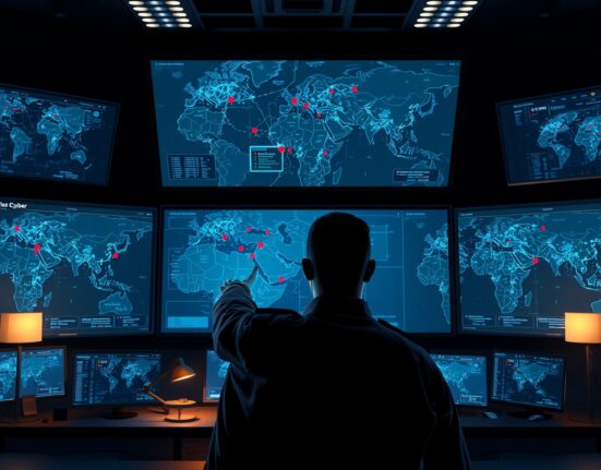 Iran Revolutionary Guard cyber warfare command center analyzing Middle East tech infrastructure targets