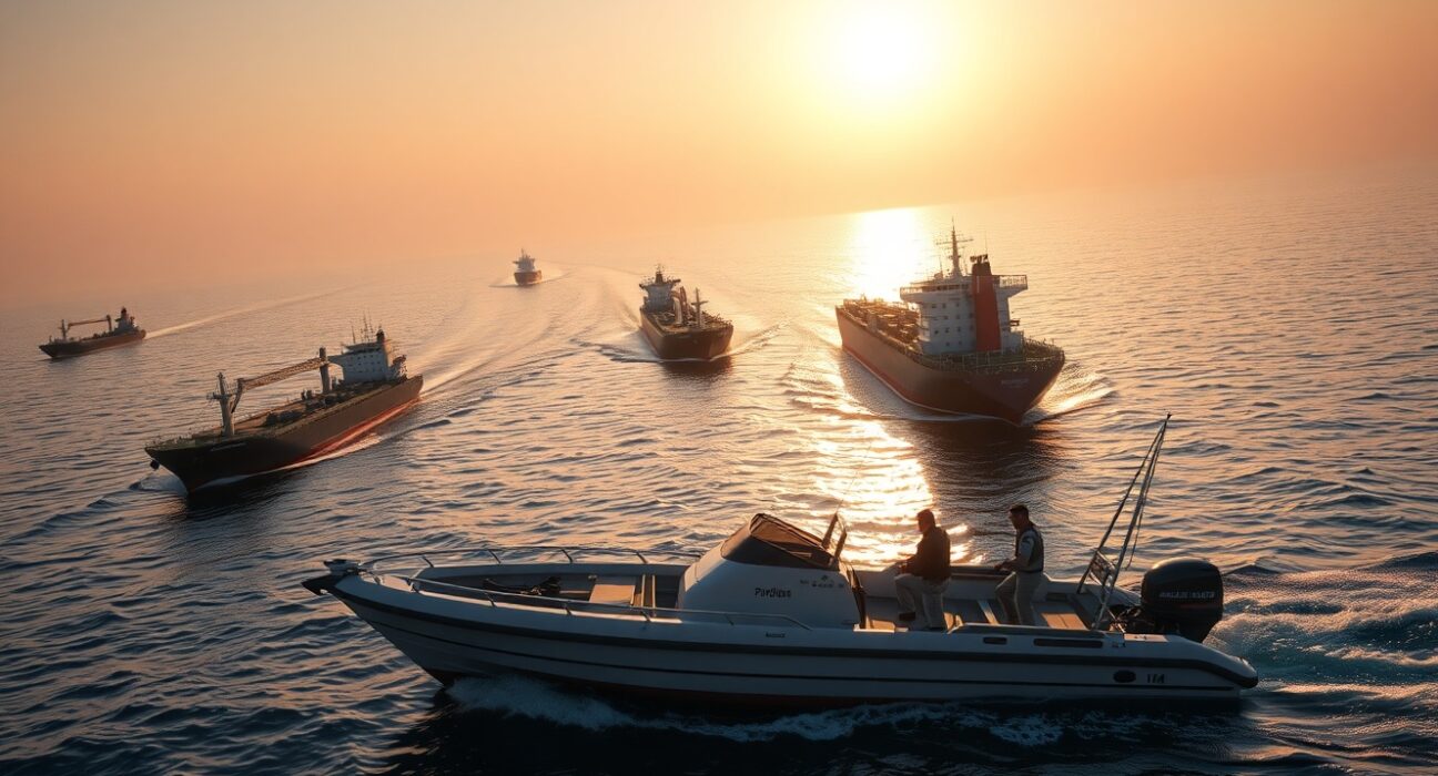 Iranian Revolutionary Guard patrol boat in the Strait of Hormuz near oil tankers at sunrise.