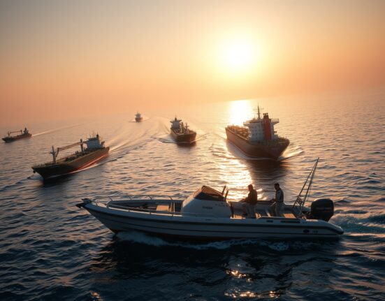 Iranian Revolutionary Guard patrol boat in the Strait of Hormuz near oil tankers at sunrise.