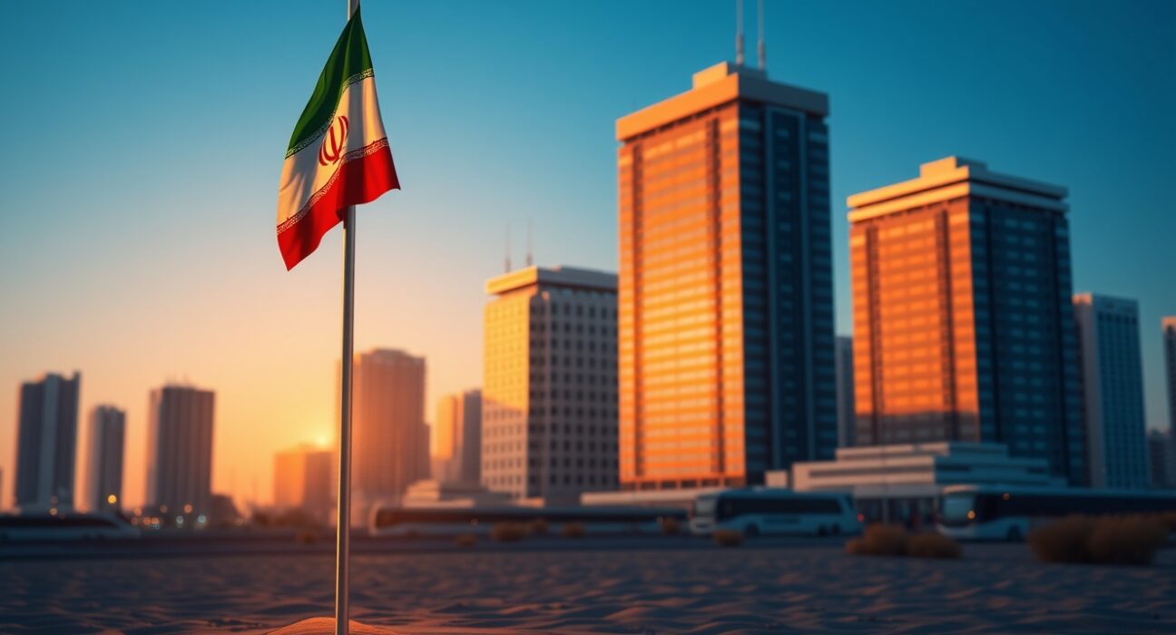 Iran's Revolutionary Guard threat to US companies in the Middle East symbolized by flag and cityscape.