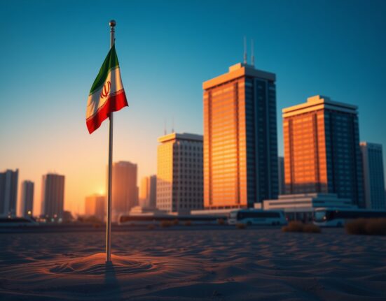 Iran's Revolutionary Guard threat to US companies in the Middle East symbolized by flag and cityscape.