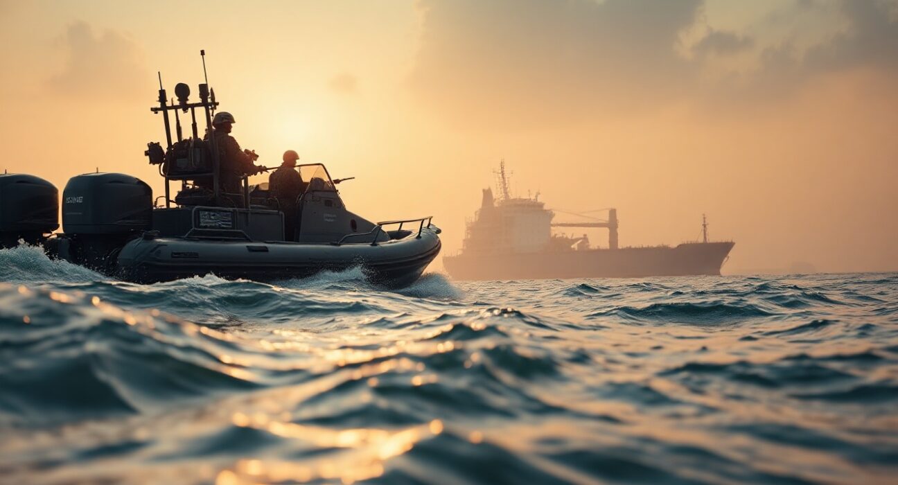 Iranian Revolutionary Guard speedboat patrolling the Strait of Hormuz at sunrise with a tanker in the background