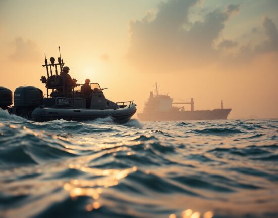 Iranian Revolutionary Guard speedboat patrolling the Strait of Hormuz at sunrise with a tanker in the background