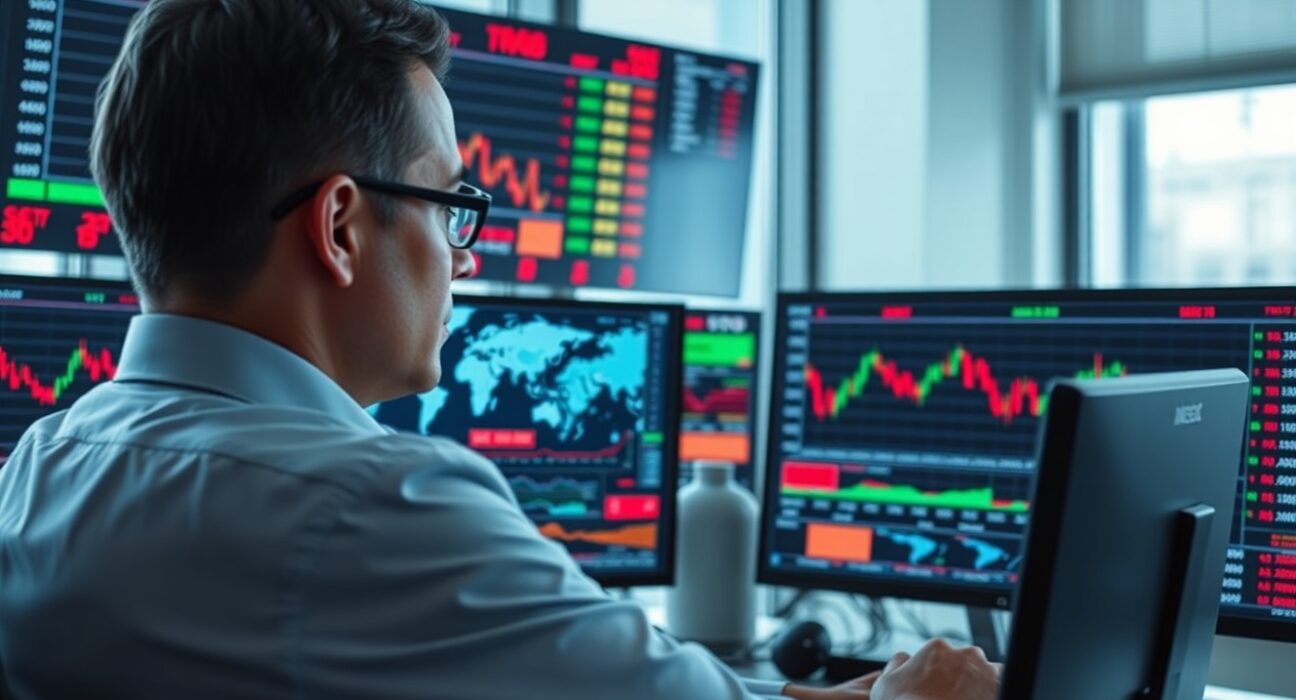 Financial analyst monitors stock market screens with geopolitical risk data in modern office