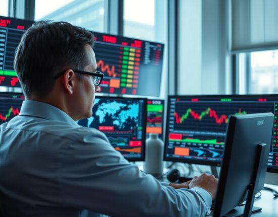 Financial analyst monitors stock market screens with geopolitical risk data in modern office