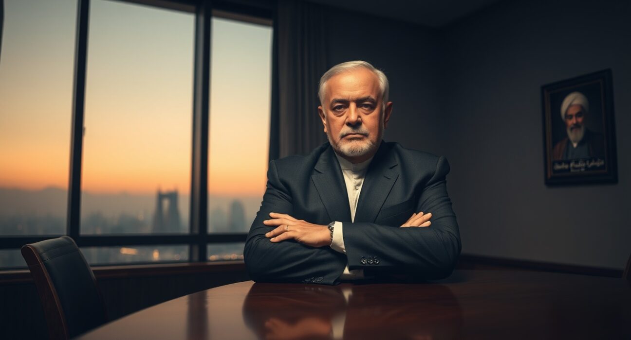 Iranian diplomat in a meeting room with Tehran skyline at dusk, reflecting firm negotiation stance.