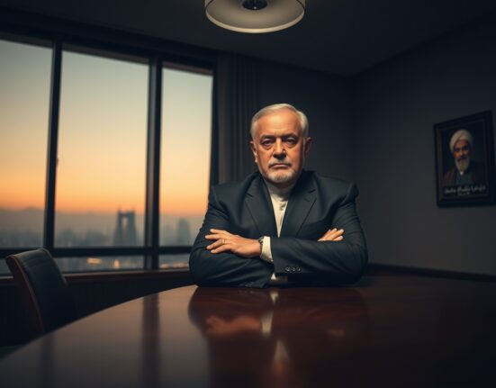 Iranian diplomat in a meeting room with Tehran skyline at dusk, reflecting firm negotiation stance.