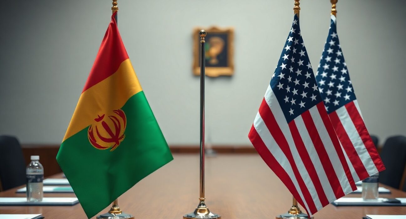 Iranian and US flags on a table in a diplomatic setting
