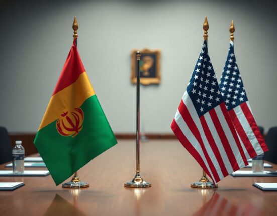 Iranian and US flags on a table in a diplomatic setting