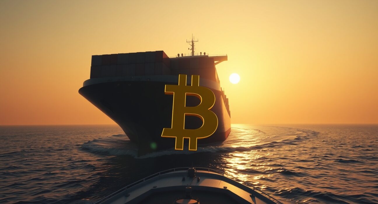 Cargo ship in Strait of Hormuz with crypto symbol overlay representing Iran sanctions warning on digital asset payments.