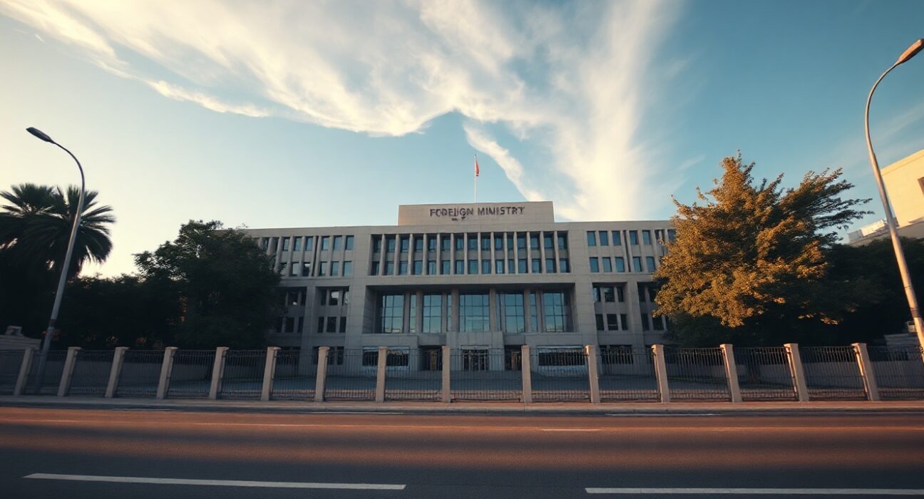 Iranian Foreign Ministry building in Tehran under clear blue sky