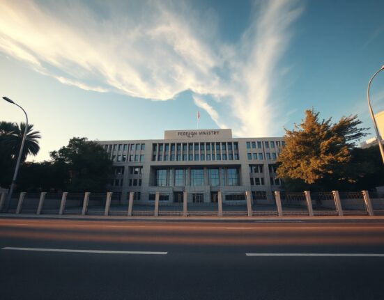 Iranian Foreign Ministry building in Tehran under clear blue sky