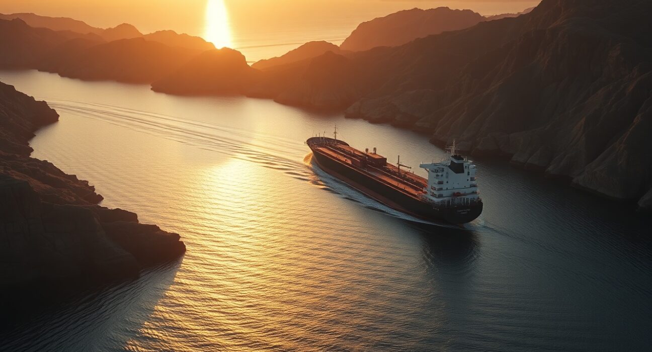 Aerial view of a cargo ship navigating the narrow Strait of Hormuz between Iran and Oman
