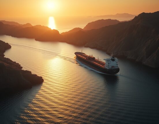 Aerial view of a cargo ship navigating the narrow Strait of Hormuz between Iran and Oman