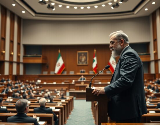 Iranian Parliament Speaker Mohammad Bagher Ghalibaf addressing the Majlis in Tehran