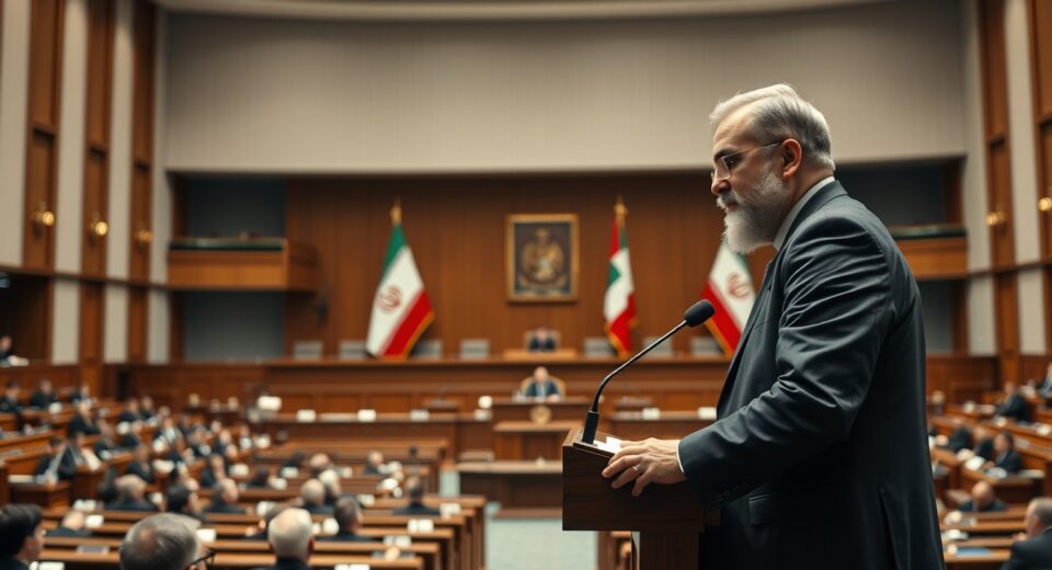 Iranian Parliament Speaker Mohammad Bagher Ghalibaf addressing the Majlis in Tehran