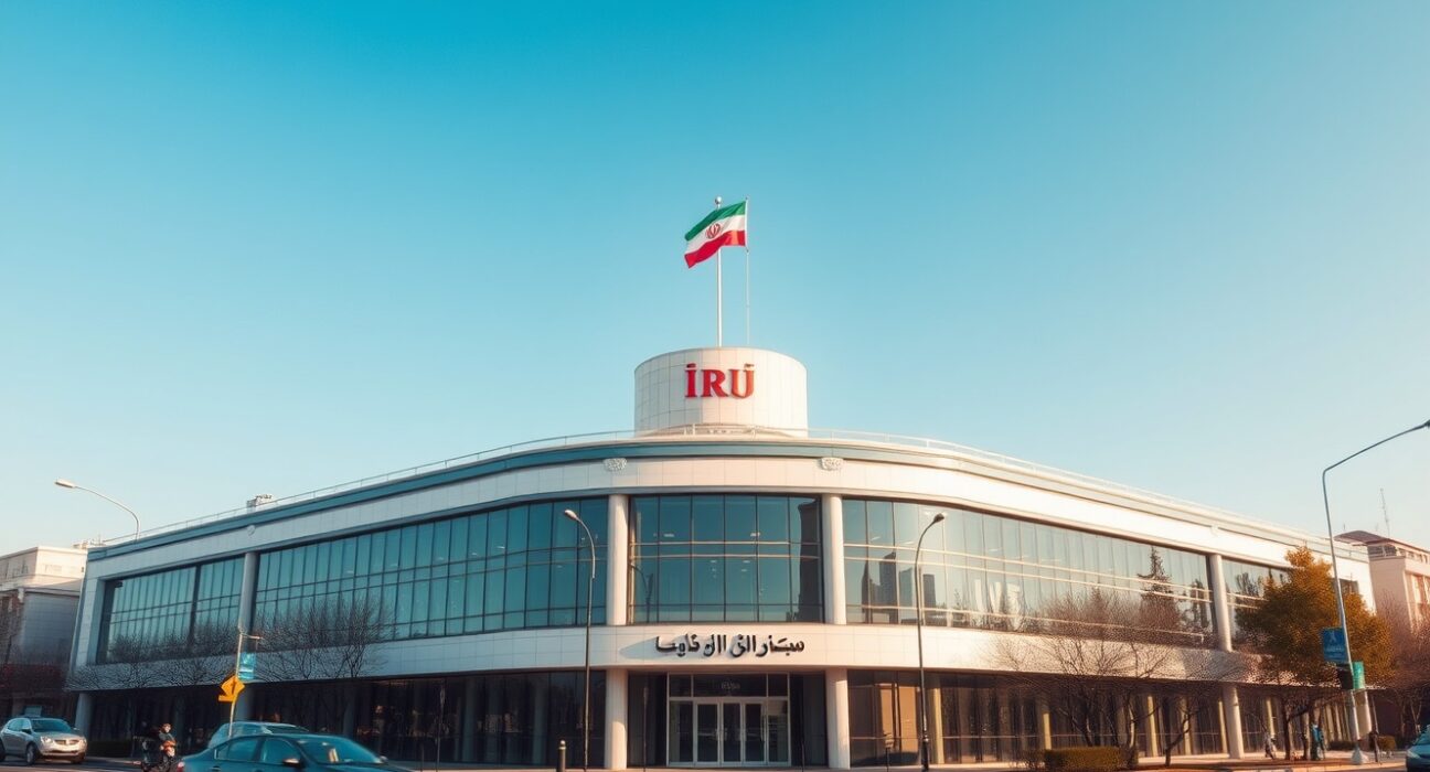Exterior of IRIB headquarters in Tehran, Iran, under clear sky
