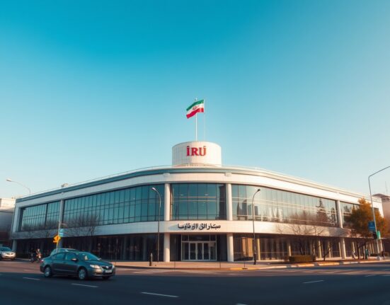 Exterior of IRIB headquarters in Tehran, Iran, under clear sky
