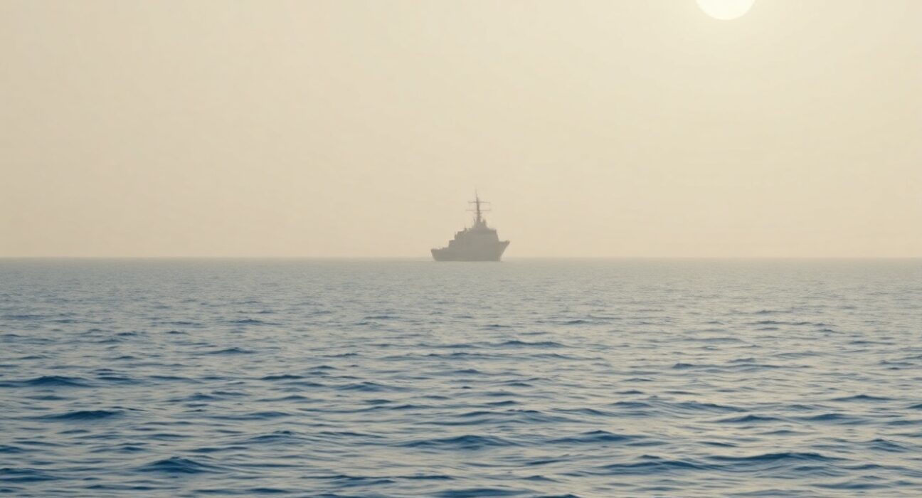 Aerial view of a naval ship in the Persian Gulf at sunrise, representing US-Iran diplomatic negotiations.
