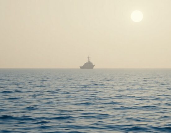 Aerial view of a naval ship in the Persian Gulf at sunrise, representing US-Iran diplomatic negotiations.