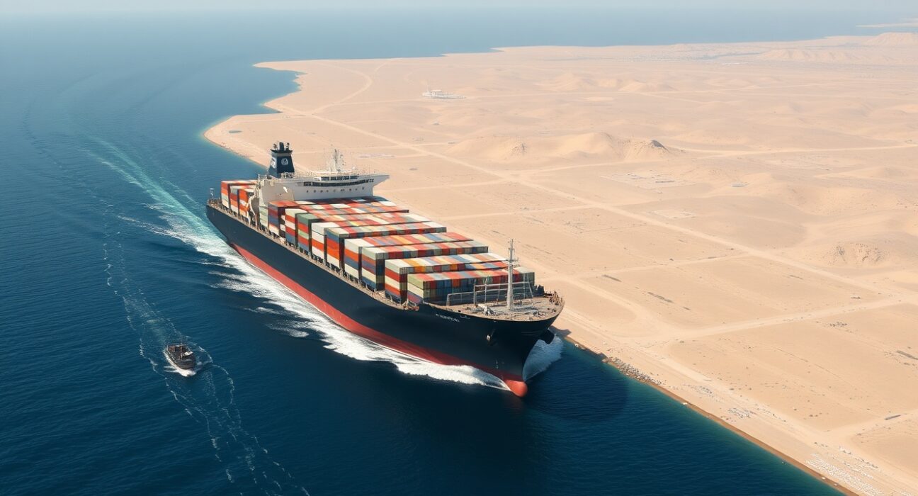 Container ship navigating Strait of Hormuz where Iran demands Bitcoin or yuan fees