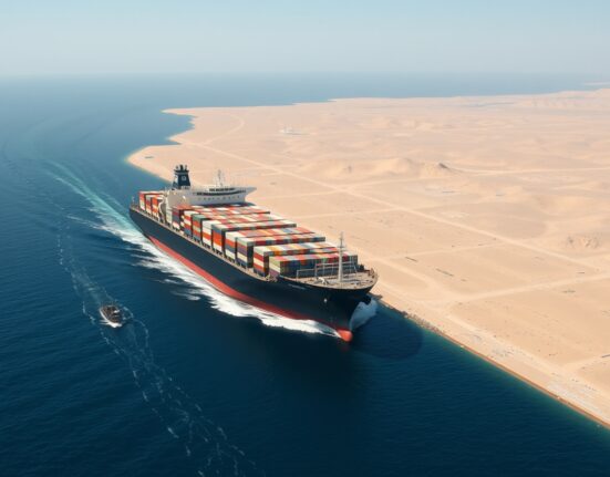 Container ship navigating Strait of Hormuz where Iran demands Bitcoin or yuan fees